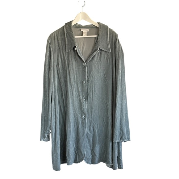 Soft Surroundings Soft Teal Button Down Shirt Tunic Velvet Silk Blend Size 2X - Picture 2 of 9